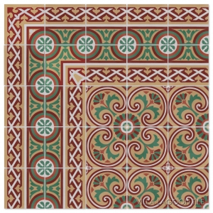 Cuban Collection cement tile Bolero with matching Border, in reds, greens, and pale yellow