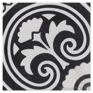 A single cement tile in the Cuban BOLERO pattern in black and white