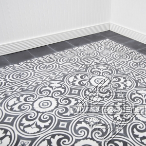 A floor of cement tile in the Cuban BOLERO pattern in black and white