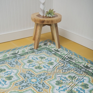 Habanero Jardin Cuban tile a cement tile in spring and summer garden colors yellow, blue and green and white