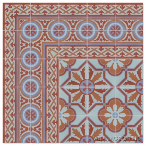 An illustration of a cement tile layout in blues and terracotta colors. 